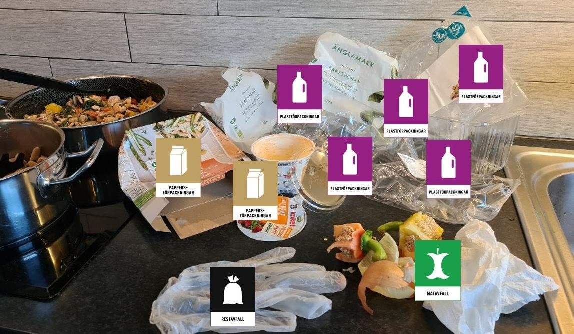 En engångshandske, matavfall, hushållspapper och förpackningar av papper och plast på en köksbänk samt symbolerna som representerar varje avfallsslag. I bakgrunden en kastrull och en stekpanna med mat i. 