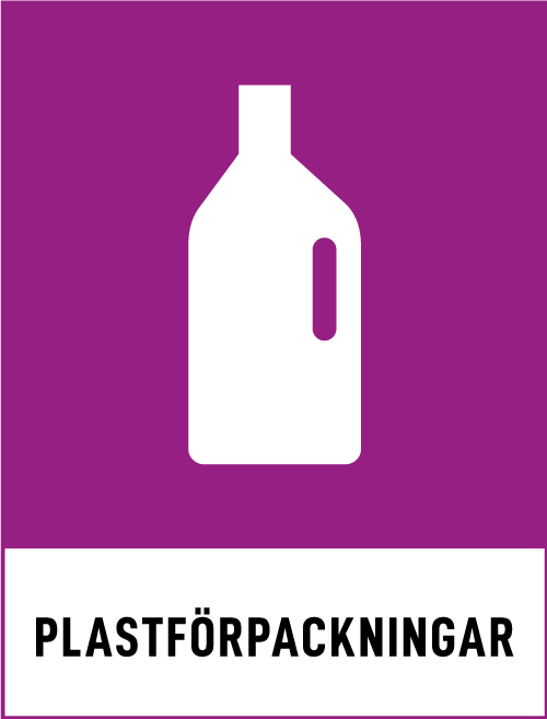 Symbolen för plastförpackningar - en vit plastflaska mot lila bakgrund