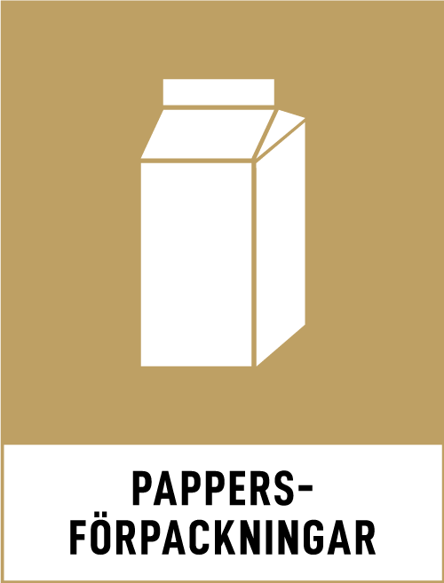 Symbolen för pappersförpackningar - en vit mjölkkartong mot en beigebrun bakgrund